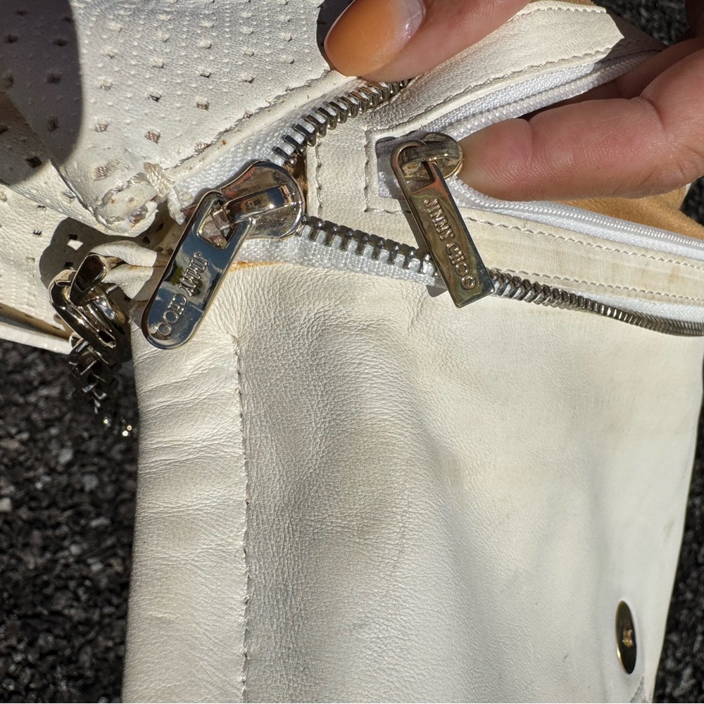 Jimmy Choo Egg Shell White Leather Perforated Shoulder Bag with Buckle Detail - Picture 16 of 17